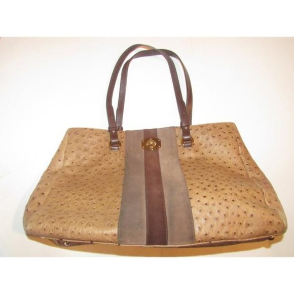 Furla Brown Ostrich XL Tote Embossed Leather And Suede Center Stripe - Picture 12 of 12